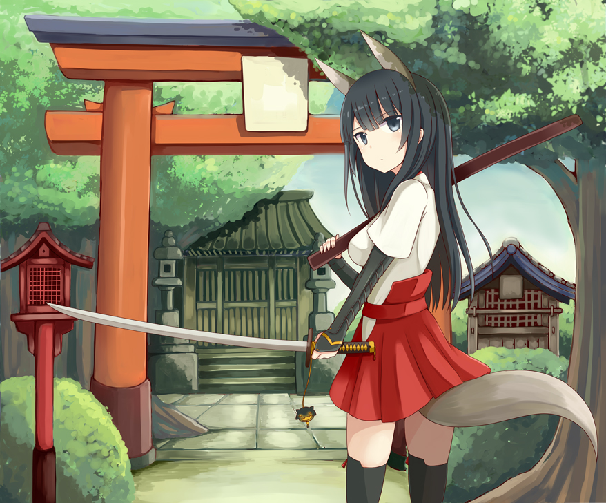 anabuki_tomoko, animal_ears, black_eyes, black_hair, black_legwear, hakama_skirt, katana, long_hair