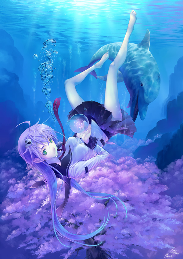 bare_legs, barefoot, bubble, cherry_blossoms, dolphin, freediving, green_eyes, hair_ornament, long_hair, looking_at_viewer, original, purple_hair, school_uniform, skull_hair_ornament, solo, swimming, underwater, valyu