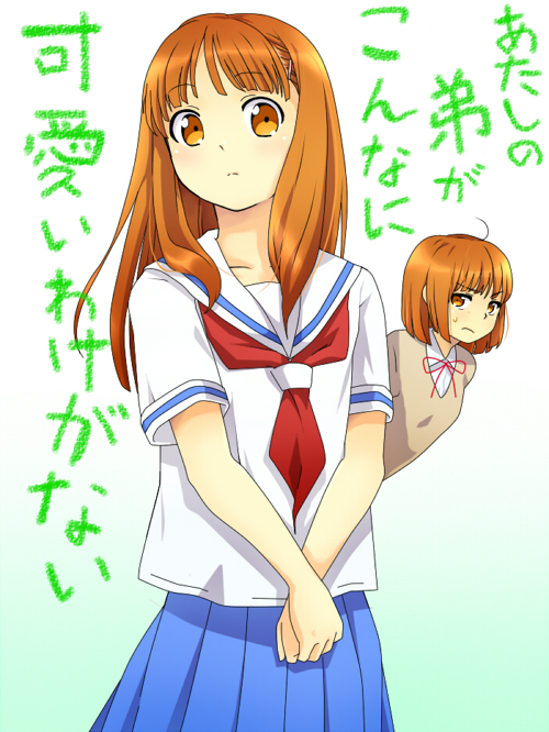1girl, brother_and_sister, brown_eyes, brown_hair, can't_be_this_cute, can't_be_this_cute, hourou_musuko, long_hair
