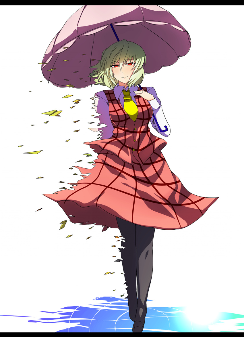ascot, black_legwear, dissolving, green_hair, highres, kazami_yuuka, letterboxed, meicha_(drill-biyori), pantyhose, parasol, red_eyes, short_hair, simple_background, skirt, solo, touhou, umbrella, vest, white_background, youkai