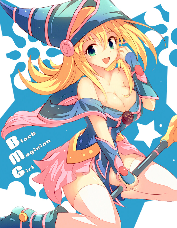 :d, blonde_hair, breasts, character_name, cleavage, collarbone, dark_magician_girl, duel_monster
