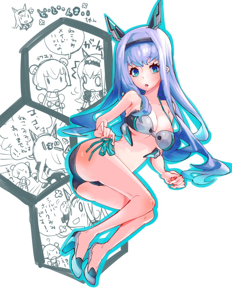 animal_ears, bikini, blue_eyes, blue_hair, blush, character_request, comic, dodonpachi, dodonpachi_daioujou, high_heels, long_hair, maria_(saidaioujou), monochrome, multiple_girls, navel, open_mouth, shoes, side-tie_bikini, swimsuit, untying, xanado