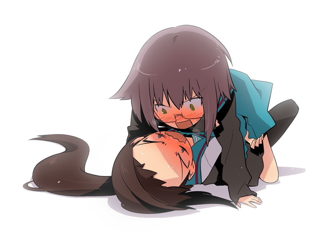 breath, brown_hair, cardigan, glasses, grey_hair, kyonko, ling_(cg_sky), long_hair