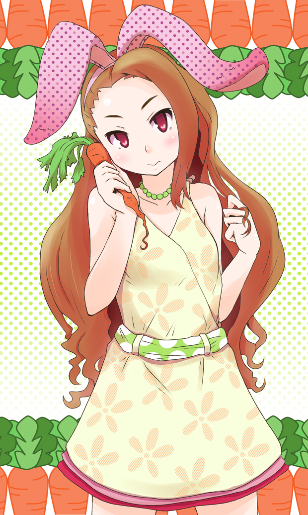 animal_ears, brown_eyes, brown_hair, bunny_ears, carrot, dress, hairband, idolmaster