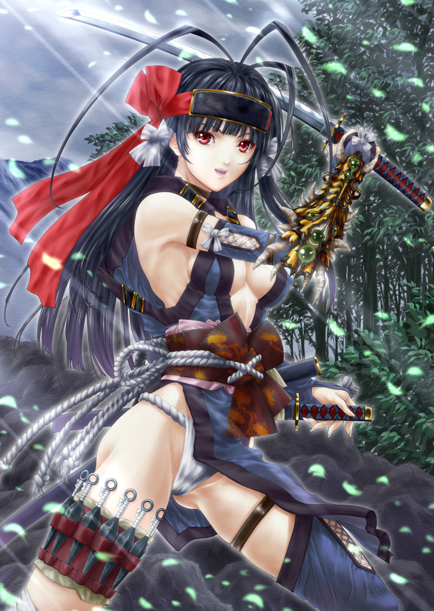 antenna_hair, asymmetrical_legwear, black_hair, breasts, center_opening, fundoshi, headband, highres