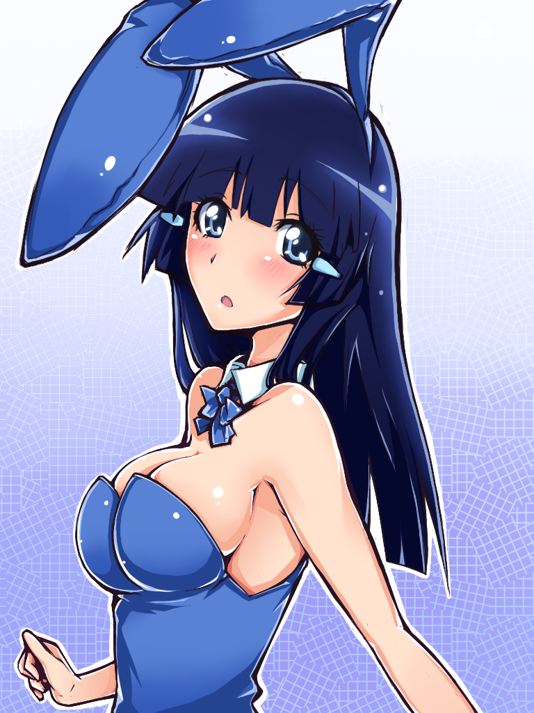 :o, animal_ears, aoki_reika, bare_shoulders, blue_eyes, blue_hair, blush, breasts