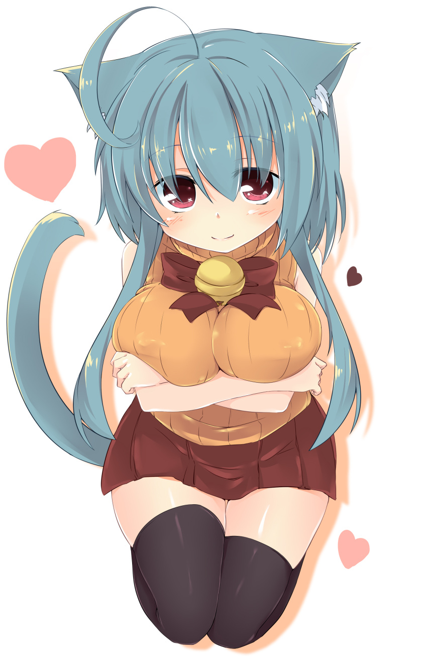 absurdres, animal_ears, bell, black_legwear, blue_hair, blush, breast_hold, breasts