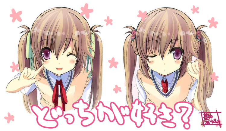 ;d, blush, brown_hair, finger_to_face, index_finger_raised, kazato_asa, kazato_yoru, kono_oozora_ni_tsubasa_wo_hirogete