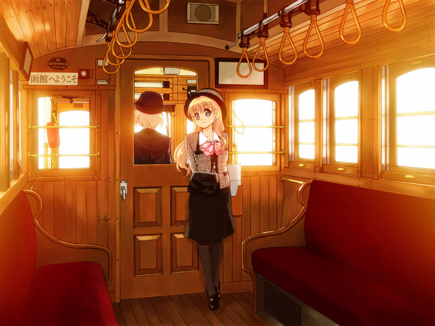 backlighting, bag, blonde_hair, bow, hat, kashiwagi_yuno, long_hair, matsukaze_karen, multiple_girls, pantyhose, purse, skirt, smile, streetcar, sunset, tessai, tetsudou_musume, train, train_interior, uniform