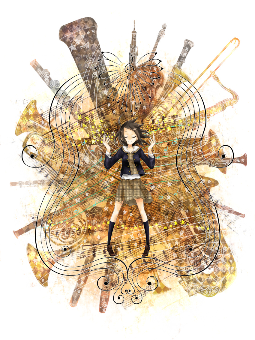 1girl, absurdres, artist_request, bad_id, bassoon, black_hair, cello, clarinet