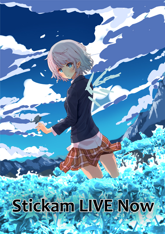 bad_id, blue_eyes, blush, cloud, clouds, looking_at_viewer, original, plaid