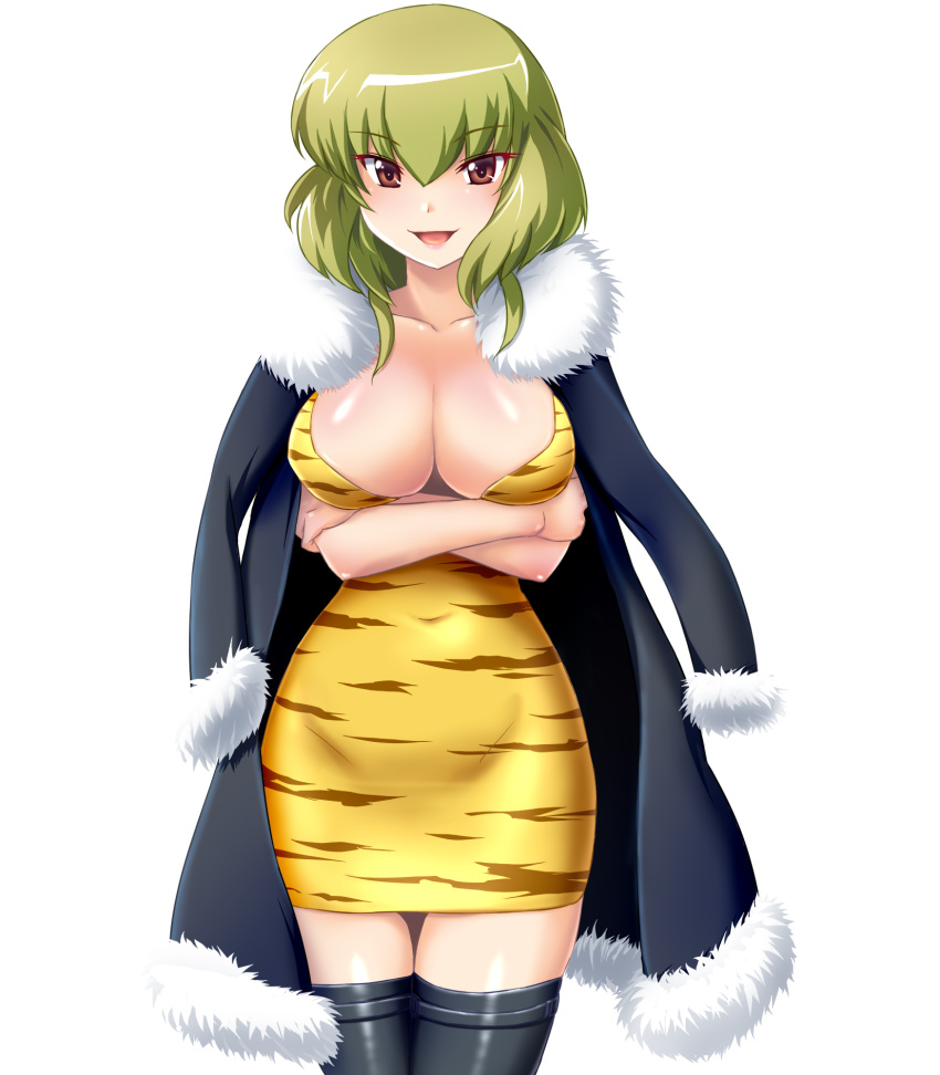brown_eyes, cleavage, crossed_arms, dha, dress, green_hair, highres, kami_nomi_zo_shiru_sekai