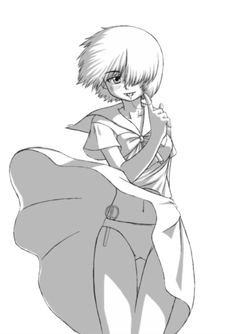 hair_over_one_eye, highres, in_panties, long_skirt, monochrome, navel, nazo_no_kanojo_x, panties