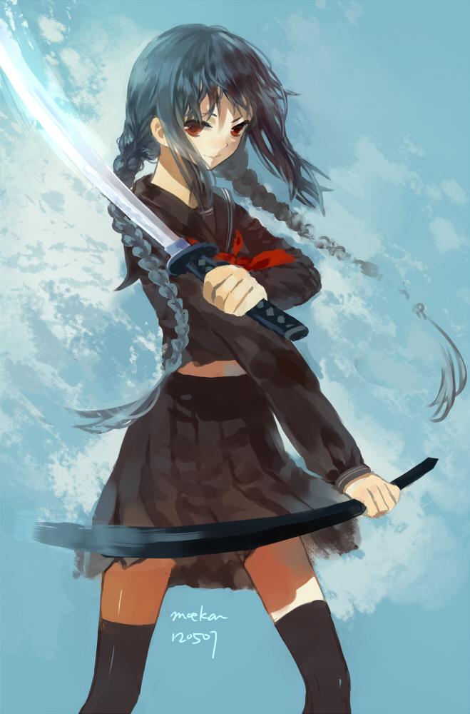 black_hair, black_legwear, braid, long_hair, moekon, original, red_eyes, scabbard