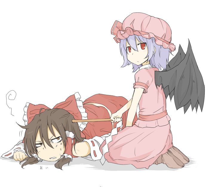 bat_wings, blue_hair, bow, brown_eyes, brown_hair, detached_sleeves, flat_gaze, gohei, hair_bow, hair_tubes, hakurei_reimu, hat, hat_ribbon, jza80, lying, miko, multiple_girls, on_stomach, poking, red_eyes, remilia_scarlet, ribbon, sash, shirt, sitting, skirt, skirt_set, sweat, touhou, wings