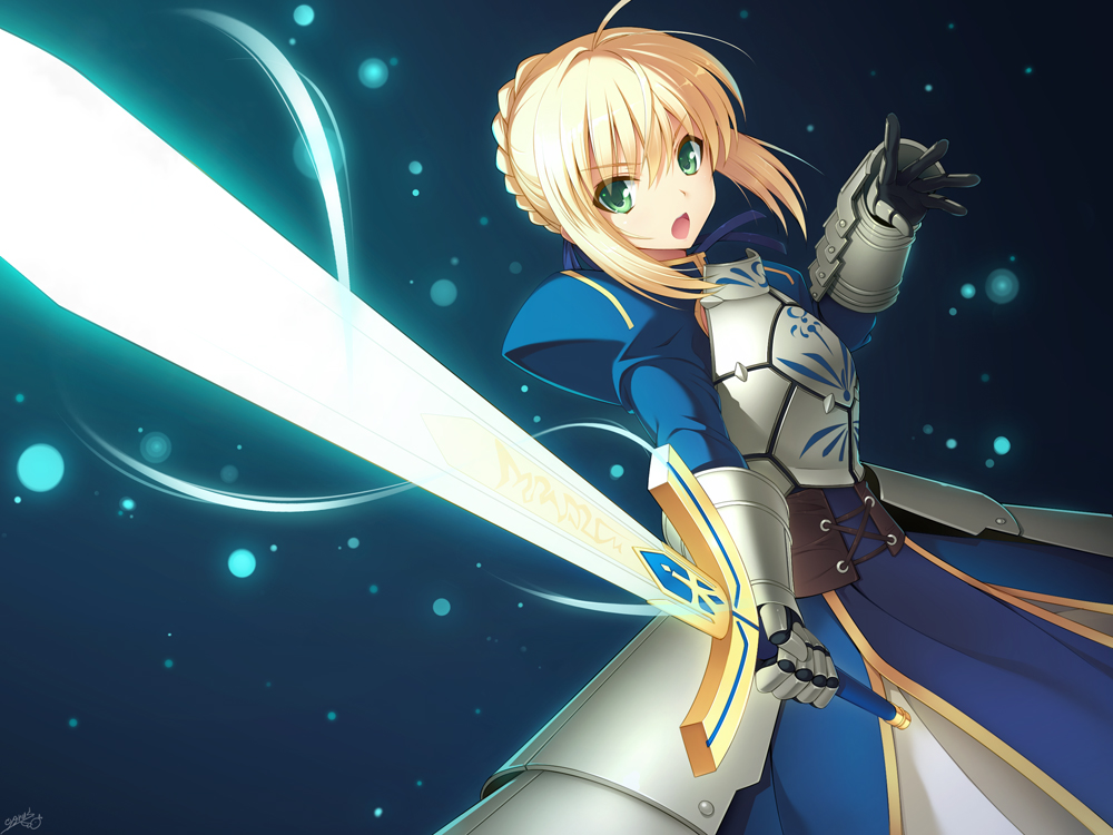 armor, armored_dress, blonde_hair, braid, cygnus_(artist), dress, excalibur, fate/stay_night