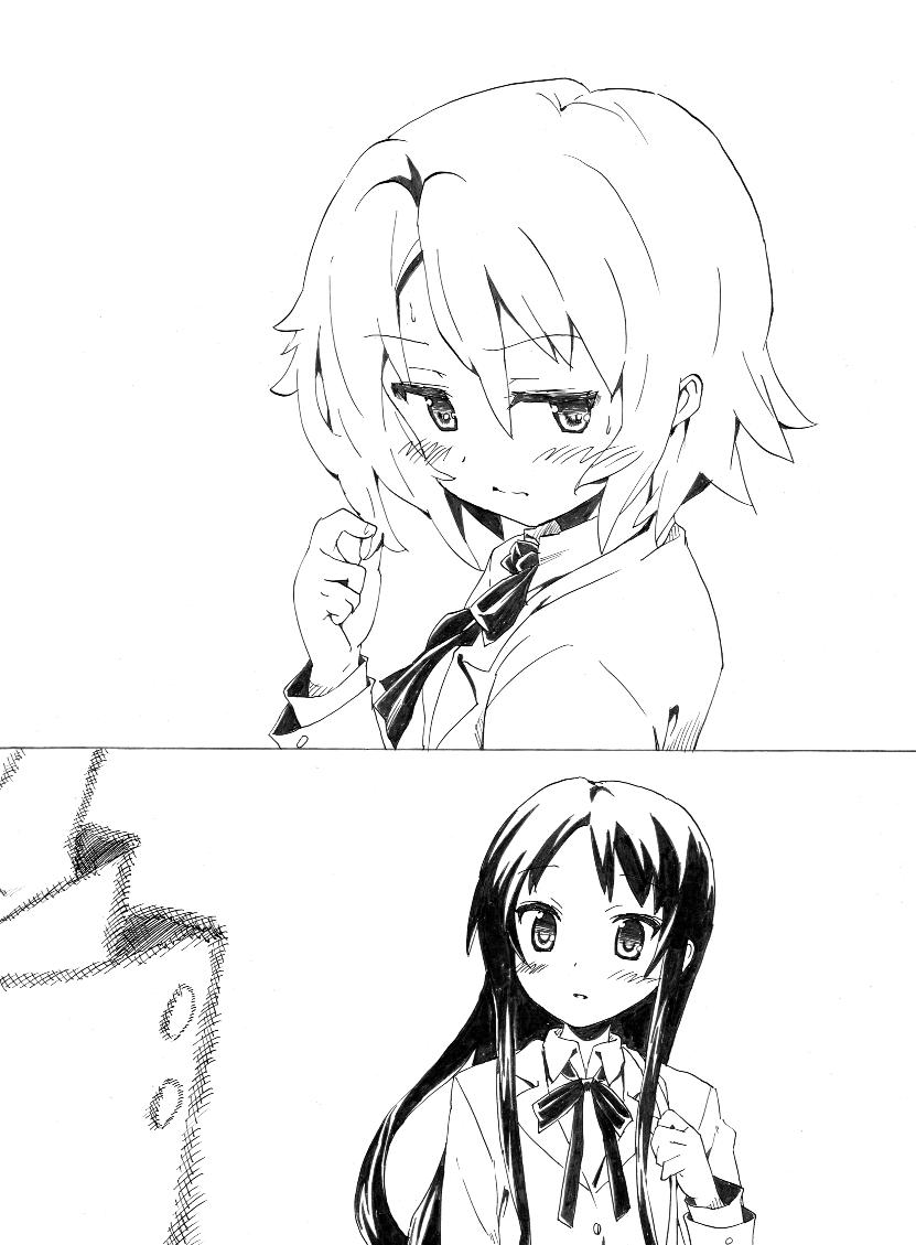 akiyama_mio, black_eyes, black_hair, blush, breasts, comic, greyscale, hair_down