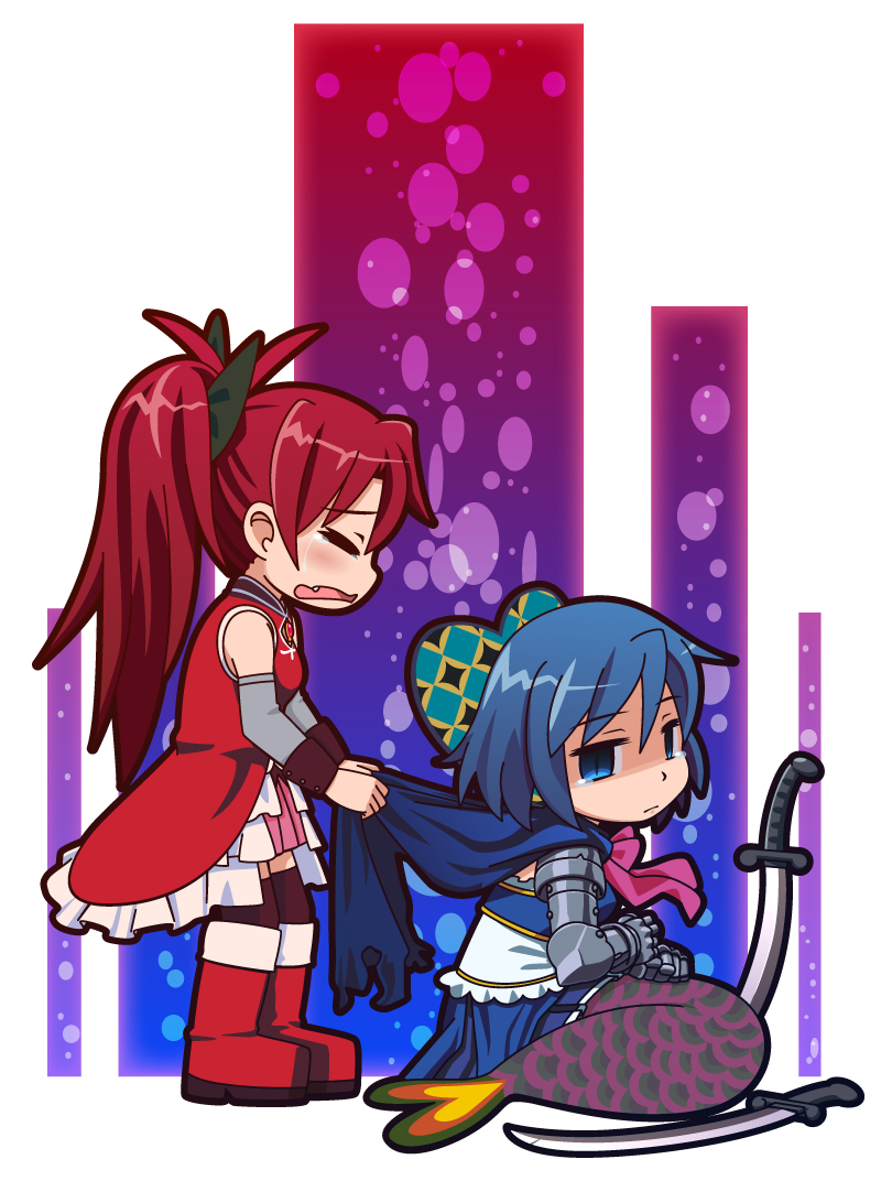 aka-kabuto_no_gema, akachuu_no_gema, blue_eyes, blue_hair, boots, cape, closed_eyes, dress