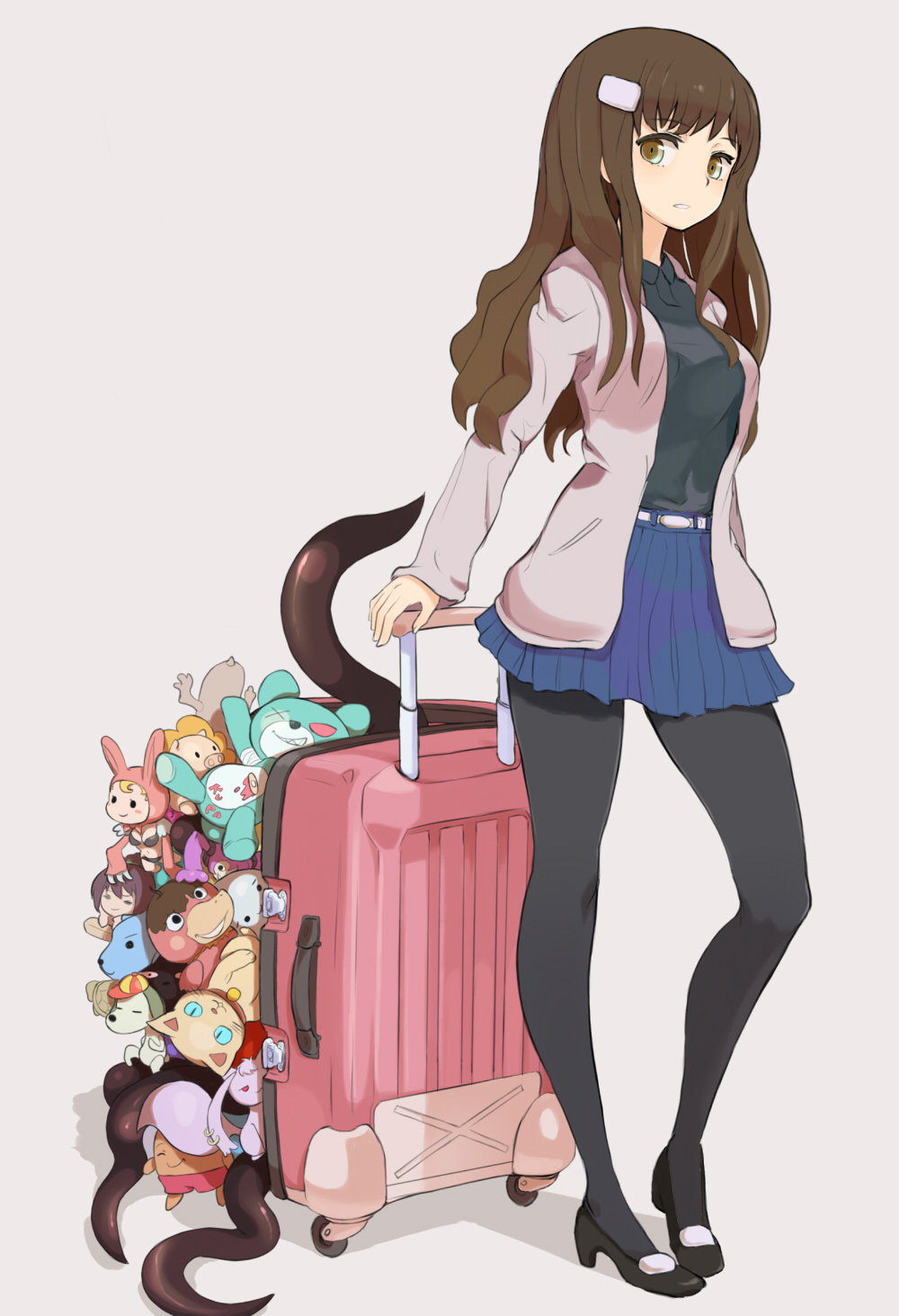 black_legwear, brown_hair, fashion, hair_ornament, hairclip, high_heels, highres, jacket