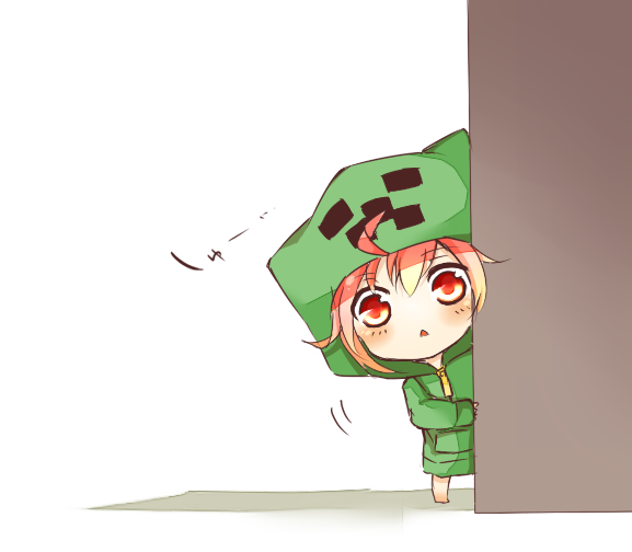 around_corner, blush, chibi, creeparka, creeper, hoodie, looking_at_viewer, minecraft