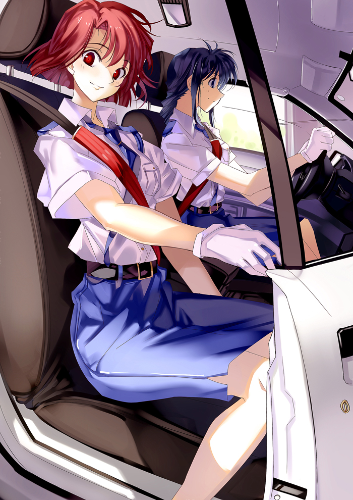 blue_hair, car, gloves, kobayakawa_miyuki, miyazaki_byou, motor_vehicle, multiple_girls, police_officer