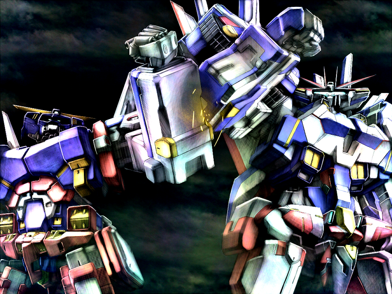 dark, fist_bump, mecha, no_humans, spark, srx, super_robot_wars, super_robot_wars_alpha