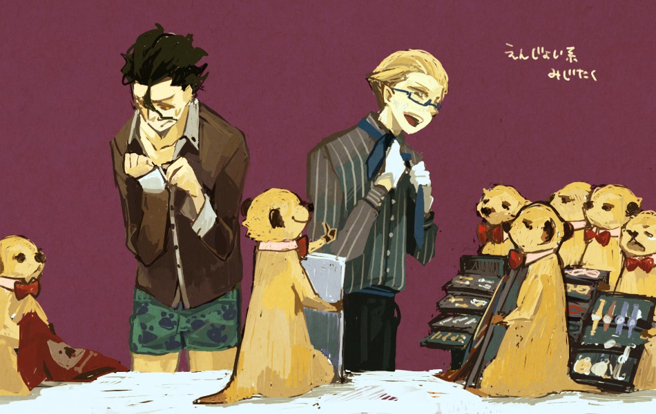 ahoge, bespectacled, black_hair, blonde_hair, bowtie, boxers, dressing, fate/zero