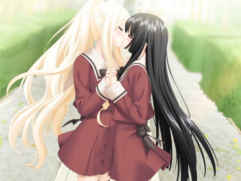 2girls, black_hair, blonde_hair, blush, closed_eyes, couple, dress, game_cg