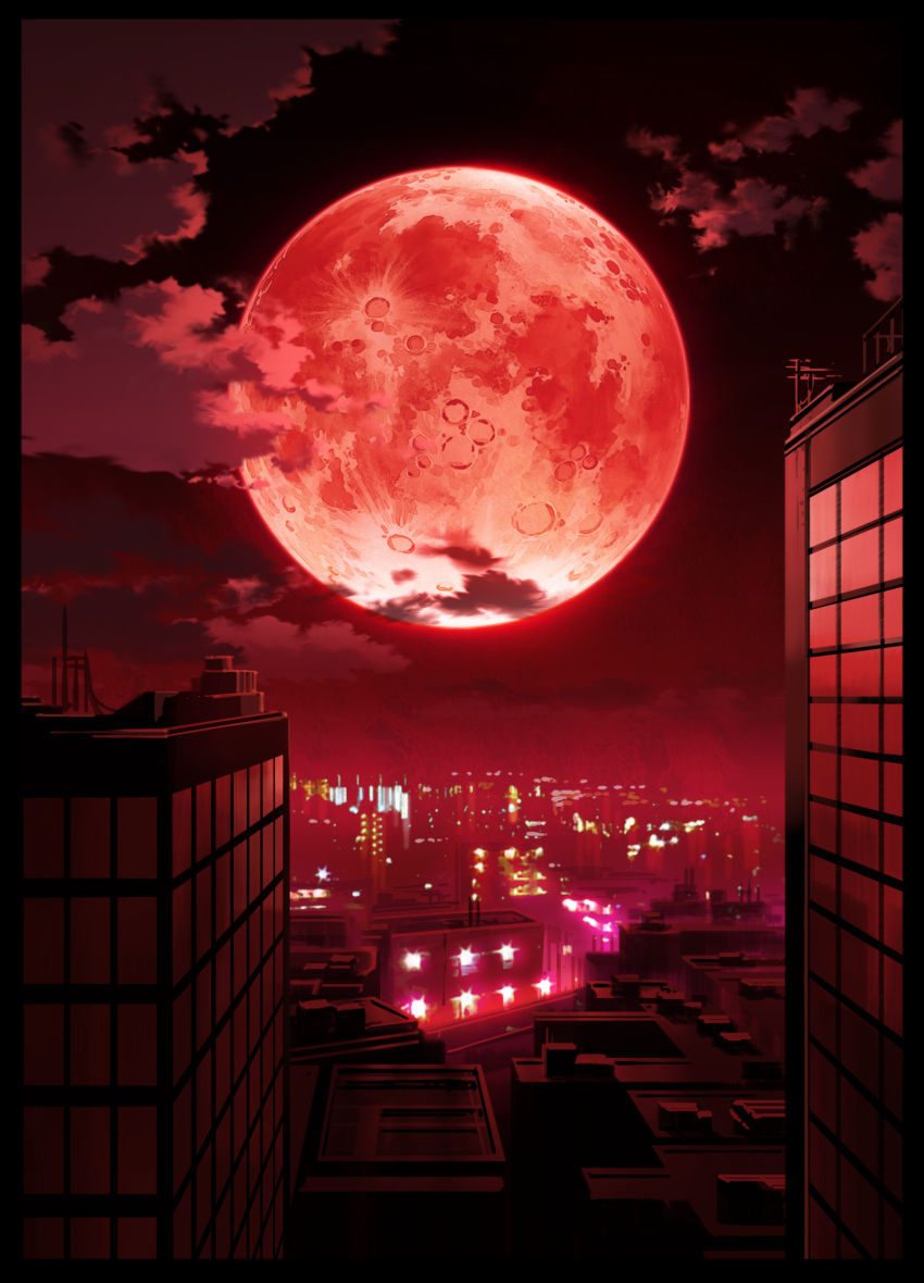 border, building, cityscape, cloud, clouds, full_moon, highres, monochrome