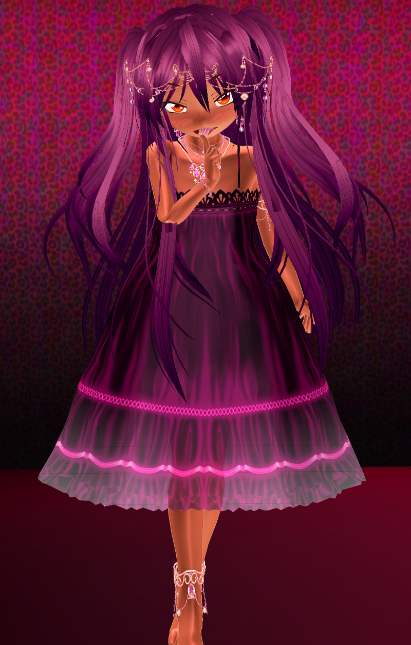 1girl, 3d, artist_request, bare_shoulders, blush, bracelet, dress, hair_ornament, highres, jewelry, long_hair, looking_at_viewer, necklace, open_mouth, orange_eyes, ornage_eyes, purple, purple_hair, solo, standing, tongue, tongue_out, two_side_up, two_sides_up, very_long_hair