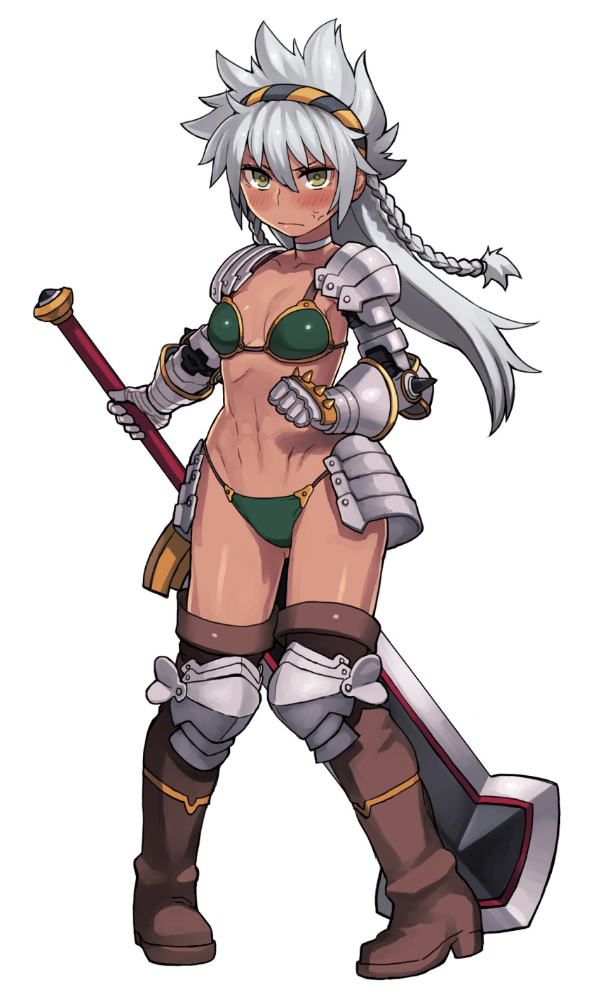 adapted_costume, anger_vein, armor, bikini, bikini_armor, blush, boots, braid