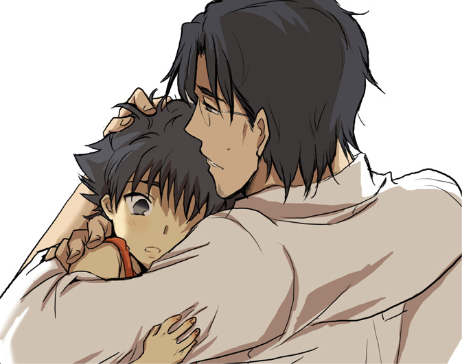 age_difference, black_eyes, black_hair, child, emiya_kiritsugu, emiya_norikata, emiya_noritaka, facial_hair