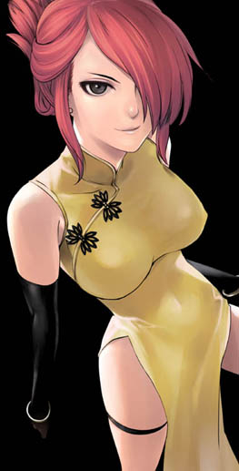 black_eyes, bracelet, breasts, china_dress, chinese_clothes, dress, earrings, elbow_gloves, gloves, hair_up, jewelry, large_breasts, marilyn_sue, no_panties, red_hair, redhead, short_hair, side_slit, simple_background, smile, standing, thigh_strap, thighs, turtleneck