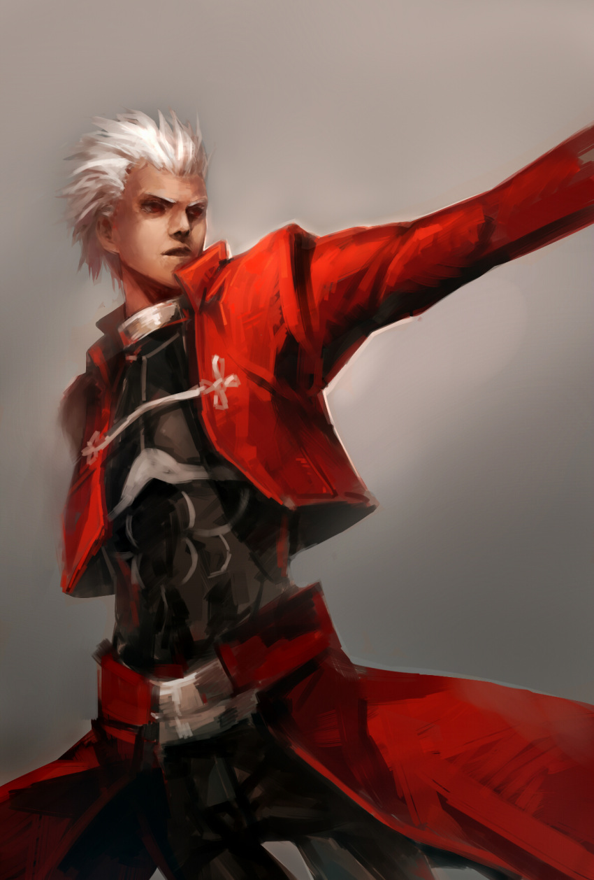 akumey, archer, dark_skin, fate/stay_night, fate_(series), highres, male, red_eyes, solo, white_hair