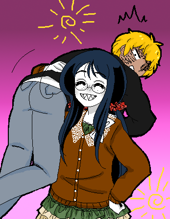 2girls, ^_^, ahoge, cardigan, carrying, closed_eyes, eyes_closed, freckles