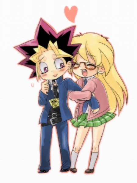 1girl, blonde_hair, cardigan, glasses, heart, kneehighs, long_hair, millennium_puzzle