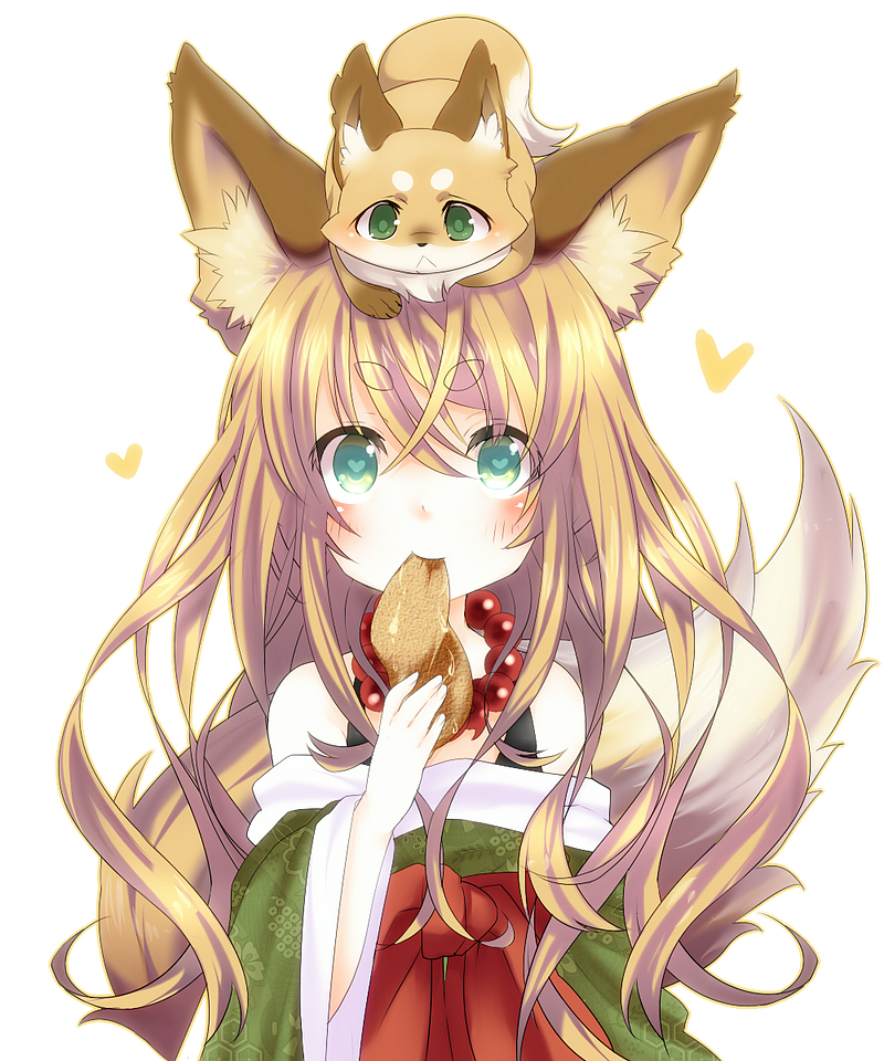 animal_ears, animal_on_head, aqua_eyes, blonde_hair, blush, eating, fox, fox_ears