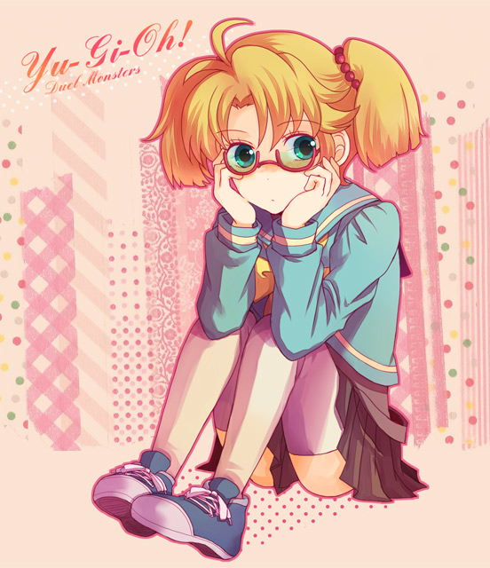 blonde_hair, glasses, green_eyes, rebecca_hopkins, school_uniform, shoes, skirt, sneakers