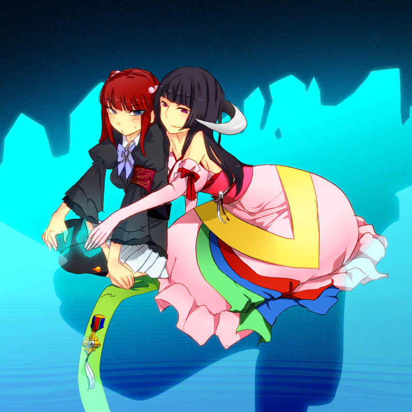 black_hair, blue_eyes, blush, bow, detached_sleeves, featherine_augustus_aurora, gloves, highres