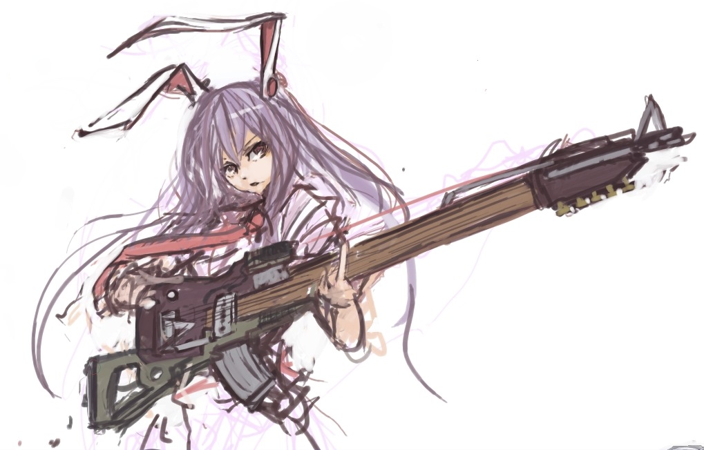 animal_ears, assault_rifle, bunny_ears, electric_guitar, guitar, gun, instrument, long_hair