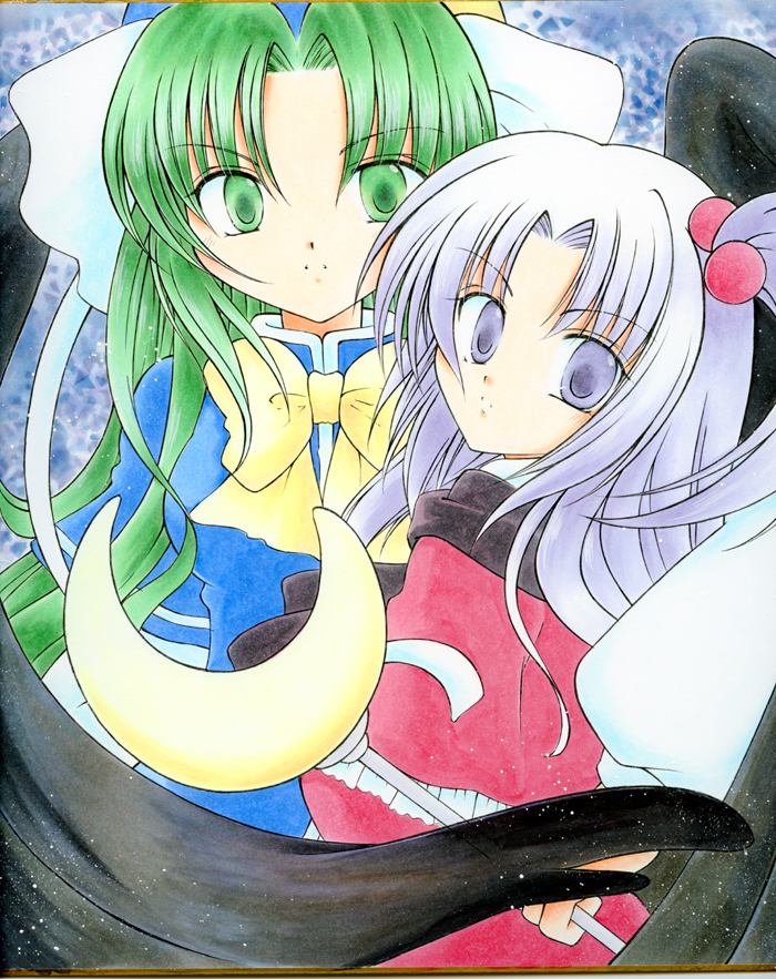 2girls, green_eyes, green_hair, hair_bobbles, kazra, mima, multiple_girls, shinki