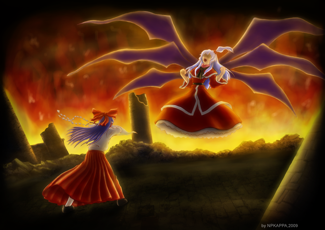 fire, goddess, hakurei_reimu, hakurei_reimu_(pc-98), multiple_girls, multiple_wings, npkappa, purple_hair