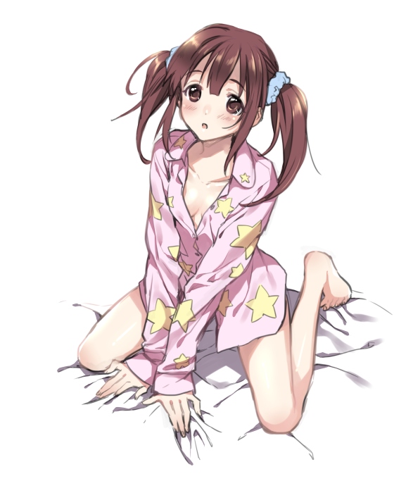 1girl, bottomless, brown_hair, idolmaster, idolmaster_cinderella_girls, kneeling, no_bra, no_pants