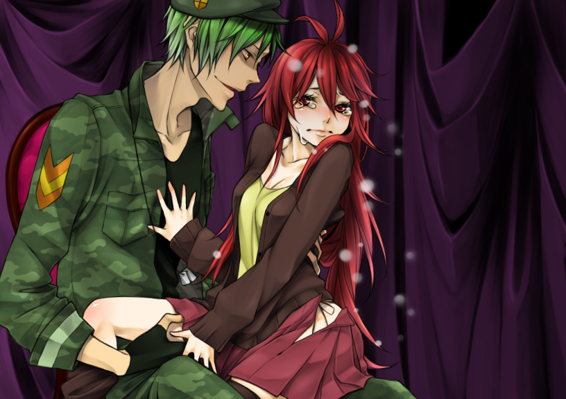 1girl, bad_id, cardigan, couple, dandruff, dog_tags, fatalizer, flaky, flippy, green_hair, happy_tree_friends, hat, military, military_uniform, pleated_skirt, red_hair, redhead, sitting, sitting_on_lap, sitting_on_person, skirt, tears, undressing, uniform