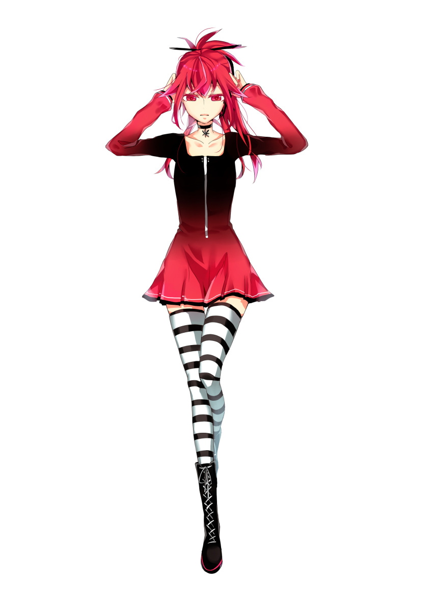 boots, cul, dress, headphones, highres, long_hair, ponytail, red_eyes