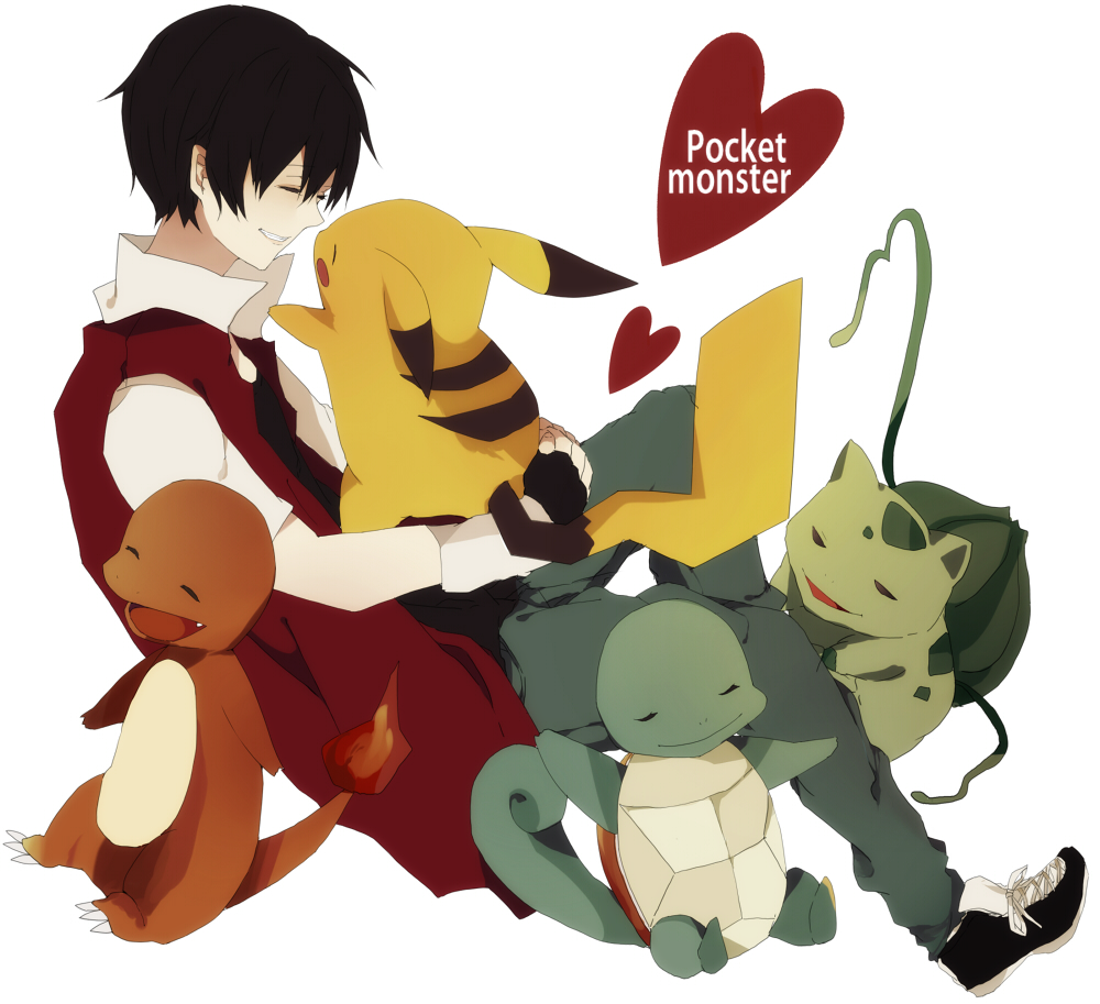 1boy, black_hair, bulbasaur, c4991, charmander, heart, holding, pikachu