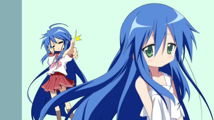 1280x720, 2girls, =_=, age_difference, ahoge, blue_hair, dress, green_background
