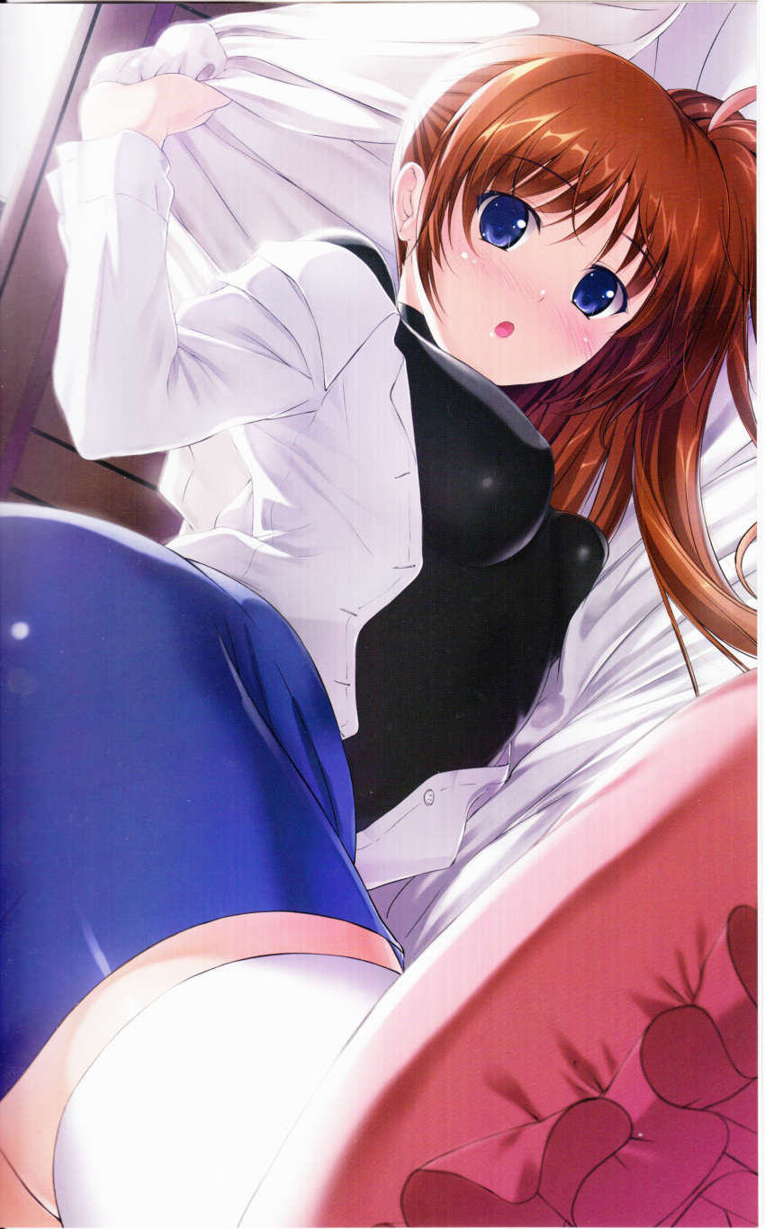 :o, absurdres, blue_eyes, blush, breasts, brown_hair, from_behind, highres, long_hair, looking_at_viewer, lyrical_nanoha, mahou_shoujo_lyrical_nanoha, mahou_shoujo_lyrical_nanoha_strikers, mikuni_mizuki, on_stomach, side_ponytail, skirt, solo, takamachi_nanoha, thighhighs, white_legwear