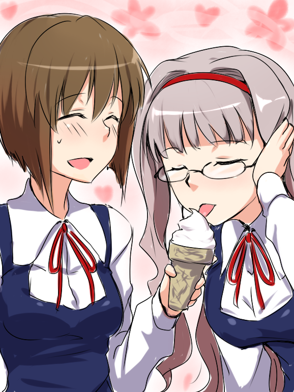 breasts, brown_hair, clearite, closed_eyes, eyes_closed, food, glasses, grey_hair