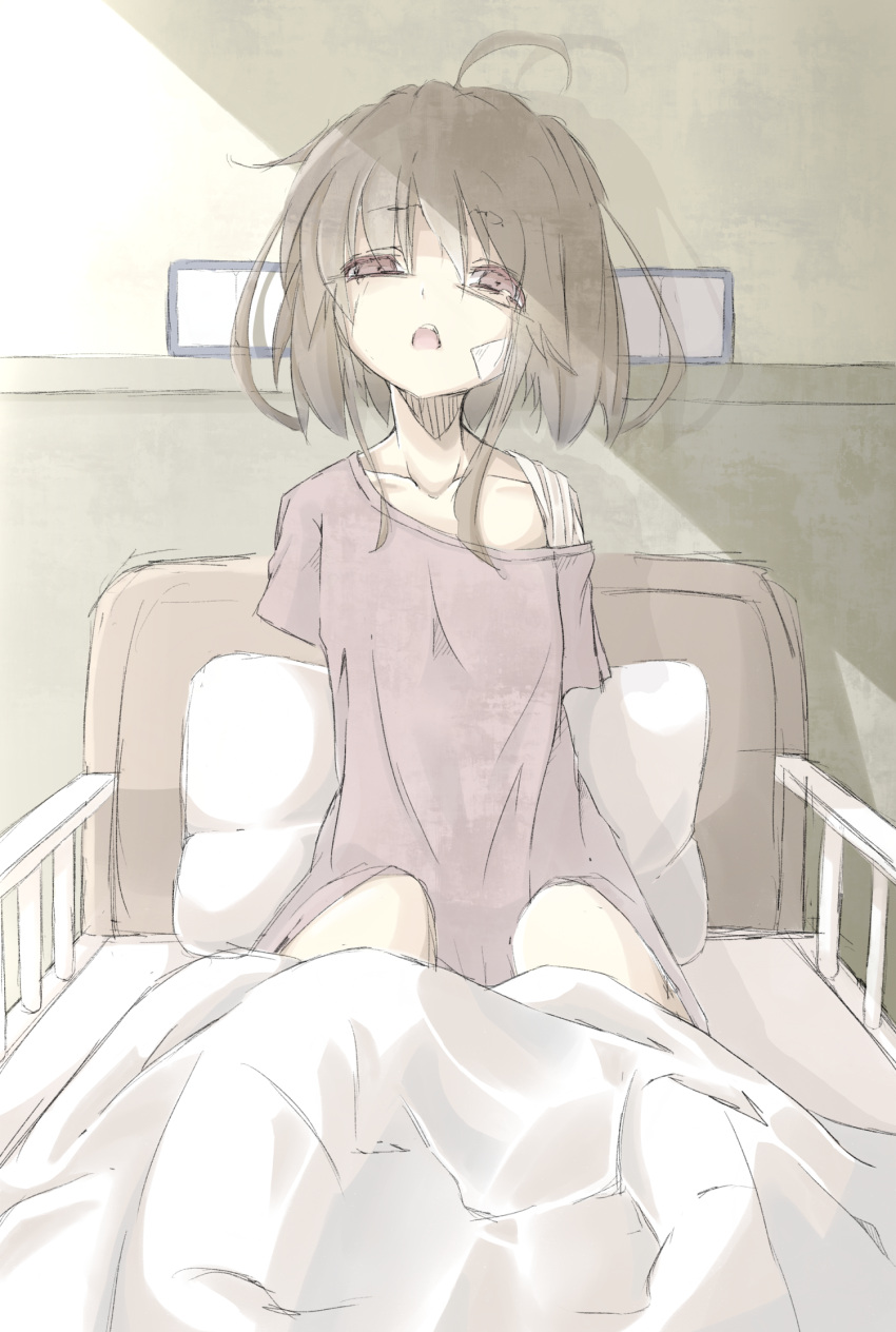 ahoge, amputee, bed, brown_hair, highres, hospital_bed, looking_at_viewer, open_mouth